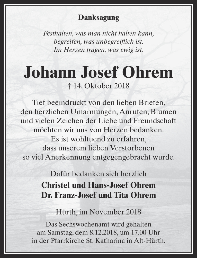  Traueranzeige für Johann Josef Ohrem vom 21.11.2018 aus  Wochenende 