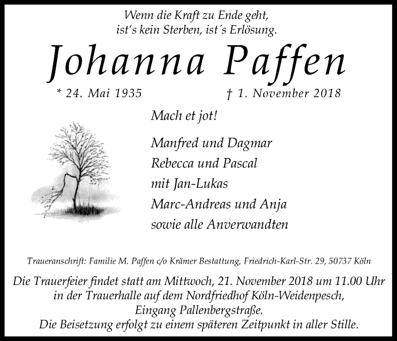  Traueranzeige für Johanna Paffen vom 14.11.2018 aus Kölner Stadt-Anzeiger / Kölnische Rundschau / Express