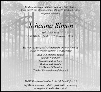 Anzeige von Johanna Simon von Kölner Stadt-Anzeiger / Kölnische Rundschau / Express