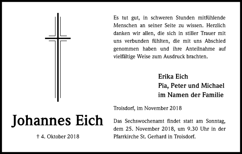  Traueranzeige für Johannes Eich vom 10.11.2018 aus Kölner Stadt-Anzeiger / Kölnische Rundschau / Express