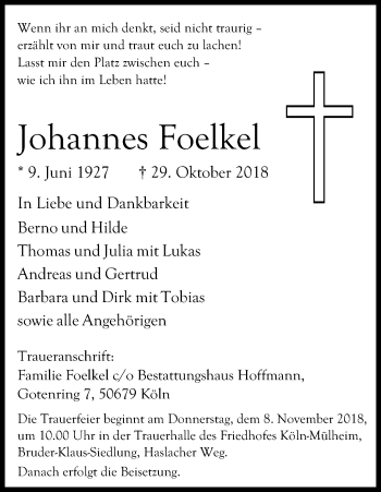 Anzeige von Johannes Foelkel von Kölner Stadt-Anzeiger / Kölnische Rundschau / Express