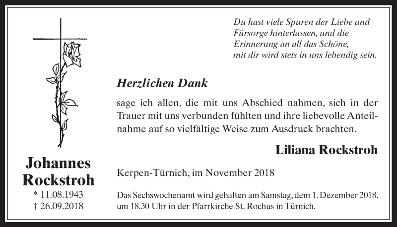  Traueranzeige für Johannes Rockstroh vom 28.11.2018 aus  Werbepost 