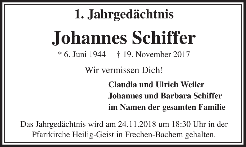  Traueranzeige für Johannes Schiffer vom 17.11.2018 aus  Sonntags-Post 