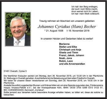 Anzeige von Johannes Cyriakus Becher von Kölner Stadt-Anzeiger / Kölnische Rundschau / Express