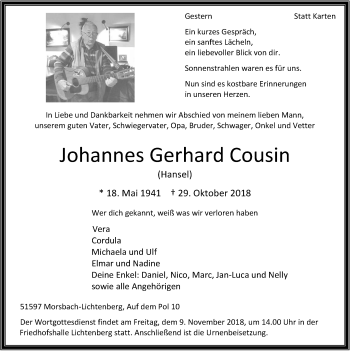 Anzeige von Johannes Gerhard Cousin von  Lokalanzeiger 