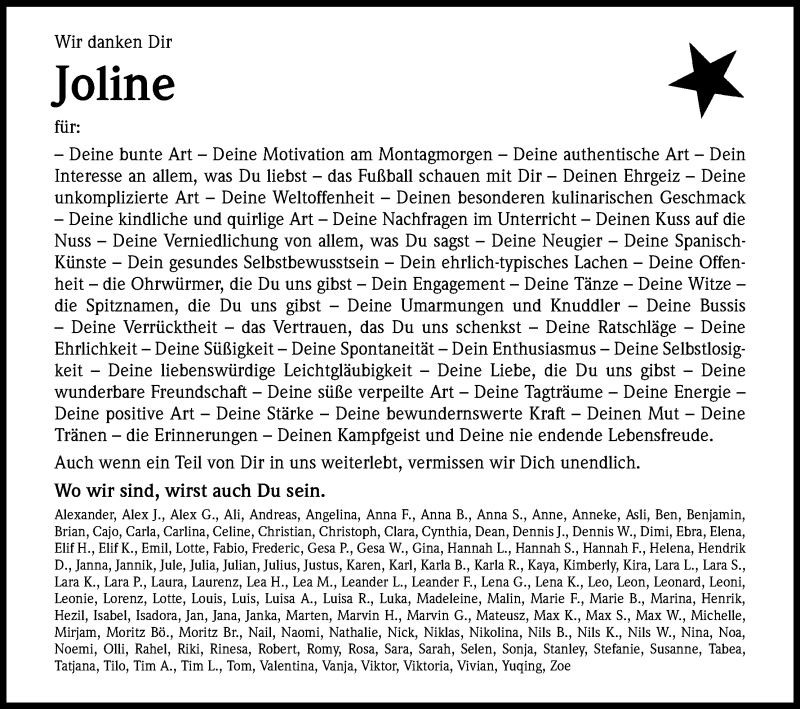  Traueranzeige für Joline  vom 10.11.2018 aus Kölner Stadt-Anzeiger / Kölnische Rundschau / Express