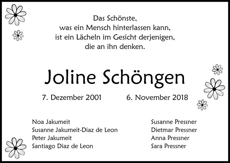  Traueranzeige für Joline Schöngen vom 10.11.2018 aus Kölner Stadt-Anzeiger / Kölnische Rundschau / Express