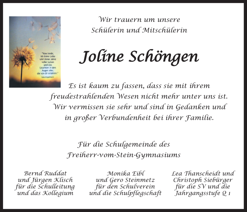  Traueranzeige für Joline Schöngen vom 14.11.2018 aus Kölner Stadt-Anzeiger / Kölnische Rundschau / Express