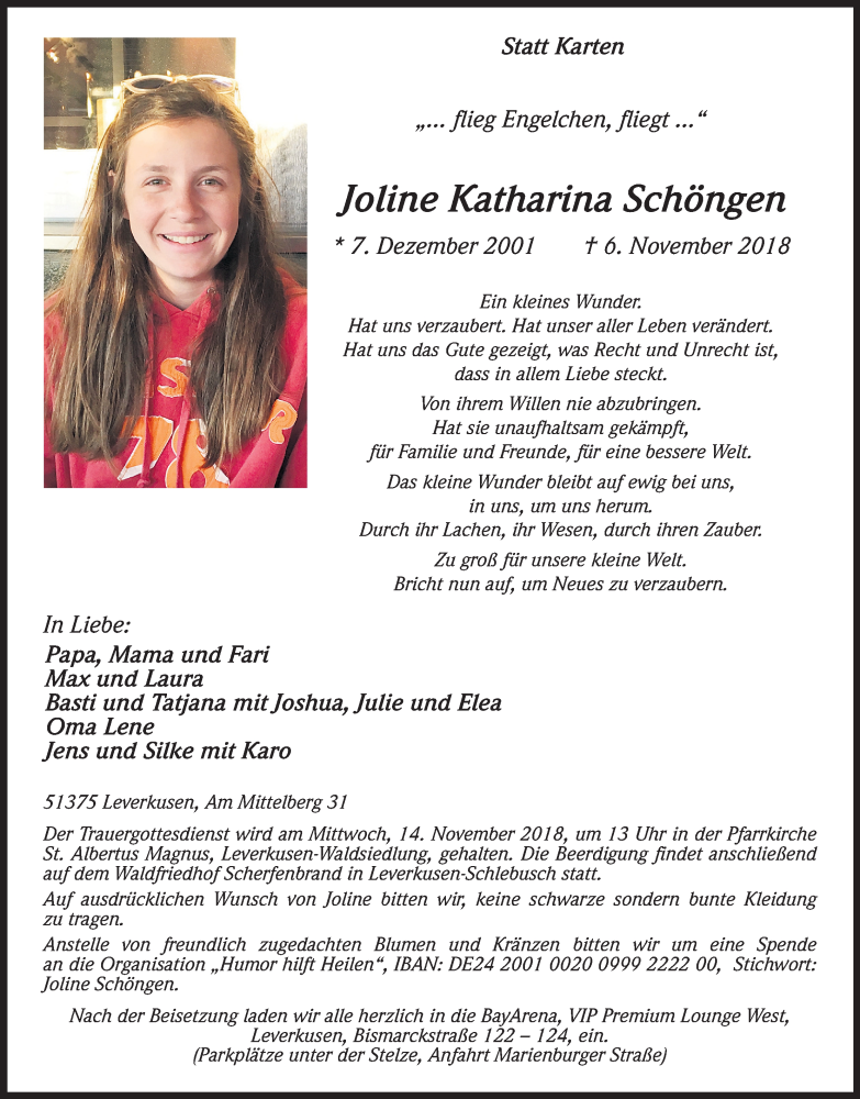  Traueranzeige für Joline Katharina Schöngen vom 10.11.2018 aus Kölner Stadt-Anzeiger / Kölnische Rundschau / Express
