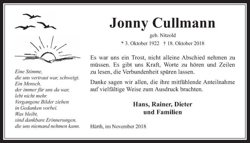 Traueranzeige für Jonny Cullmann vom 28.11.2018 aus  Wochenende 
