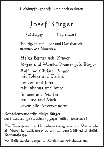 Anzeige von Josef Bürger von  Schlossbote/Werbekurier 