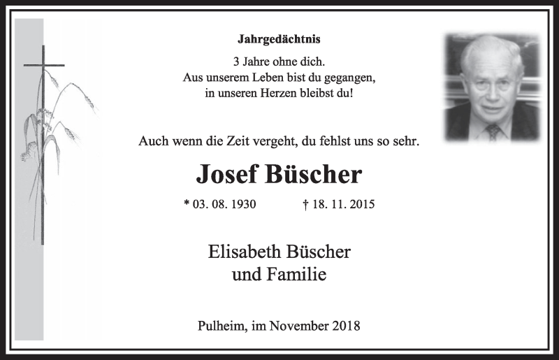  Traueranzeige für Josef Büscher vom 17.11.2018 aus  Sonntags-Post 