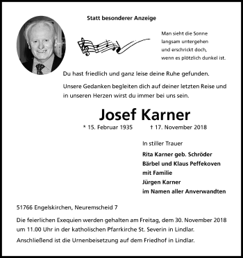 Anzeige von Josef Karner von Kölner Stadt-Anzeiger / Kölnische Rundschau / Express