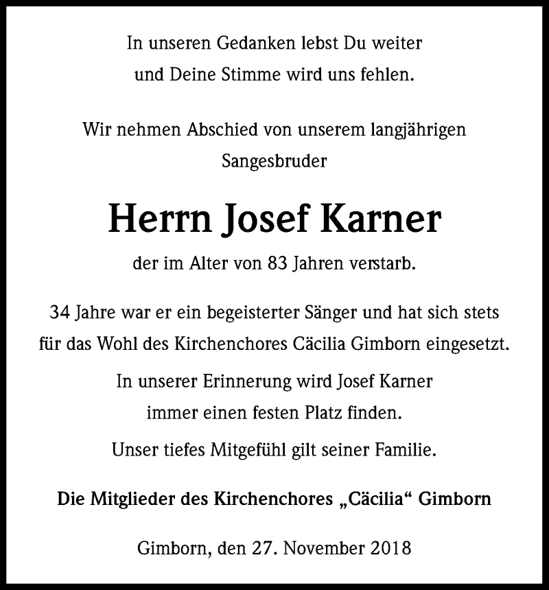  Traueranzeige für Josef Karner vom 28.11.2018 aus Kölner Stadt-Anzeiger / Kölnische Rundschau / Express