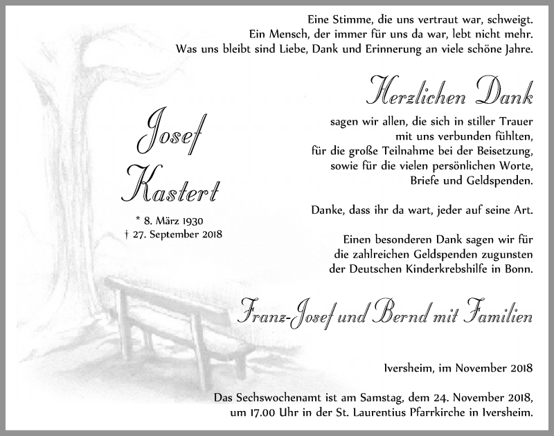 Traueranzeige für Josef Kastert vom 10.11.2018 aus  Blickpunkt Euskirchen 