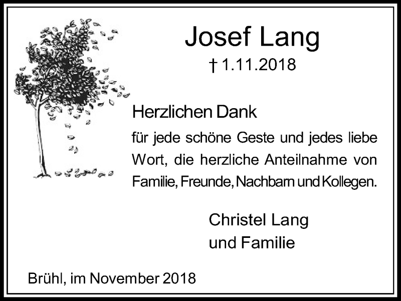  Traueranzeige für Josef Lang vom 24.11.2018 aus Kölner Stadt-Anzeiger / Kölnische Rundschau / Express