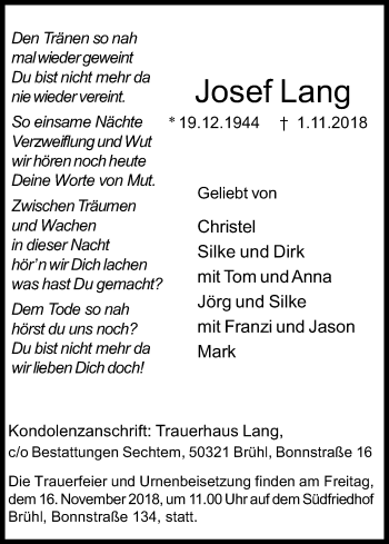 Anzeige von Josef Lang von Kölner Stadt-Anzeiger / Kölnische Rundschau / Express