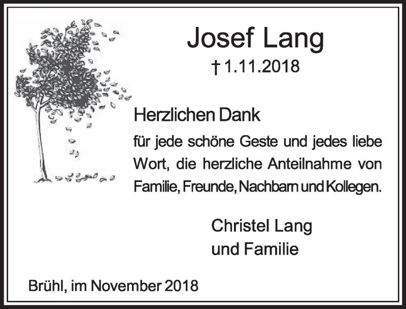  Traueranzeige für Josef Lang vom 28.11.2018 aus  Schlossbote/Werbekurier 