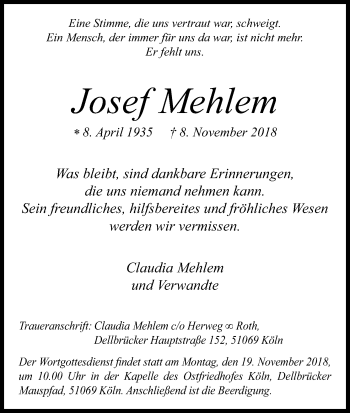 Anzeige von Josef Mehlem von Kölner Stadt-Anzeiger / Kölnische Rundschau / Express