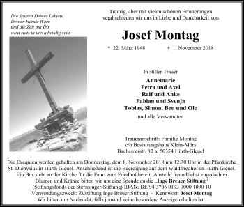 Anzeige von Josef Montag von Kölner Stadt-Anzeiger / Kölnische Rundschau / Express