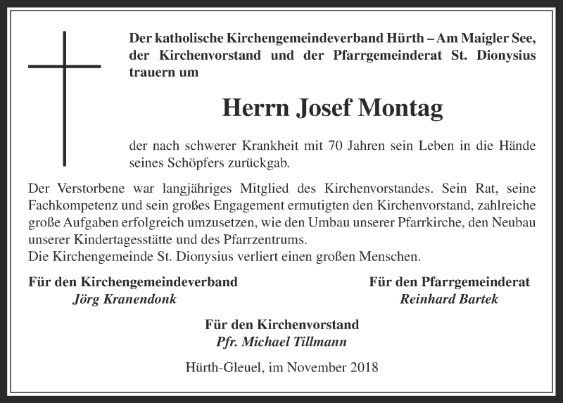  Traueranzeige für Josef Montag vom 07.11.2018 aus  Wochenende 