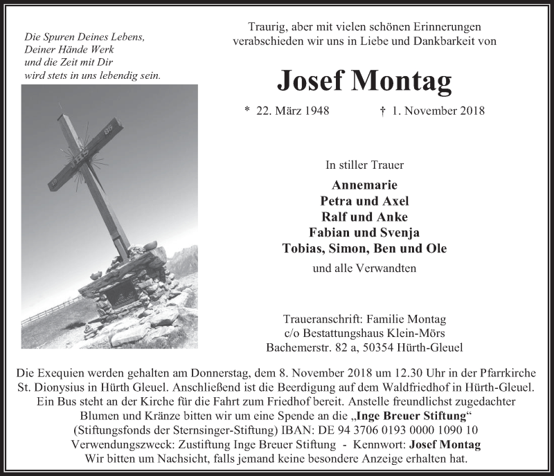  Traueranzeige für Josef Montag vom 07.11.2018 aus  Wochenende 
