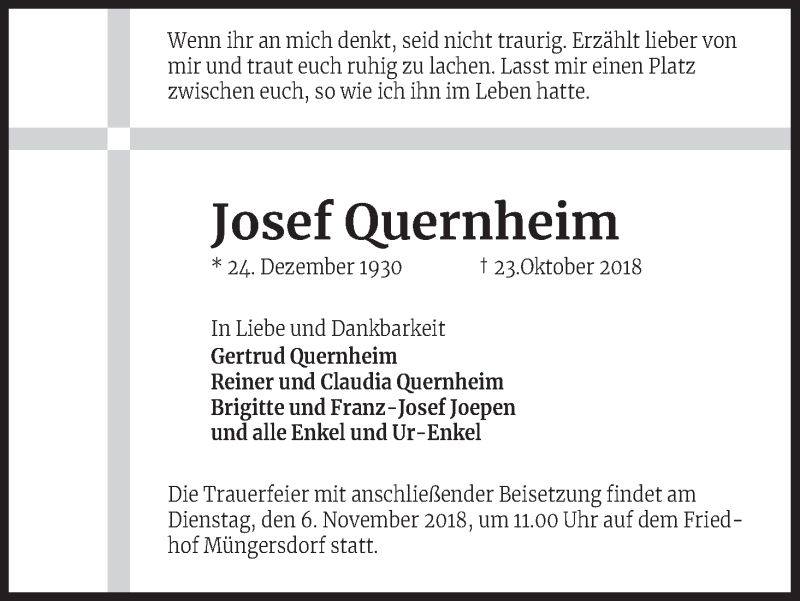  Traueranzeige für Josef Quernheim vom 03.11.2018 aus Kölner Stadt-Anzeiger / Kölnische Rundschau / Express