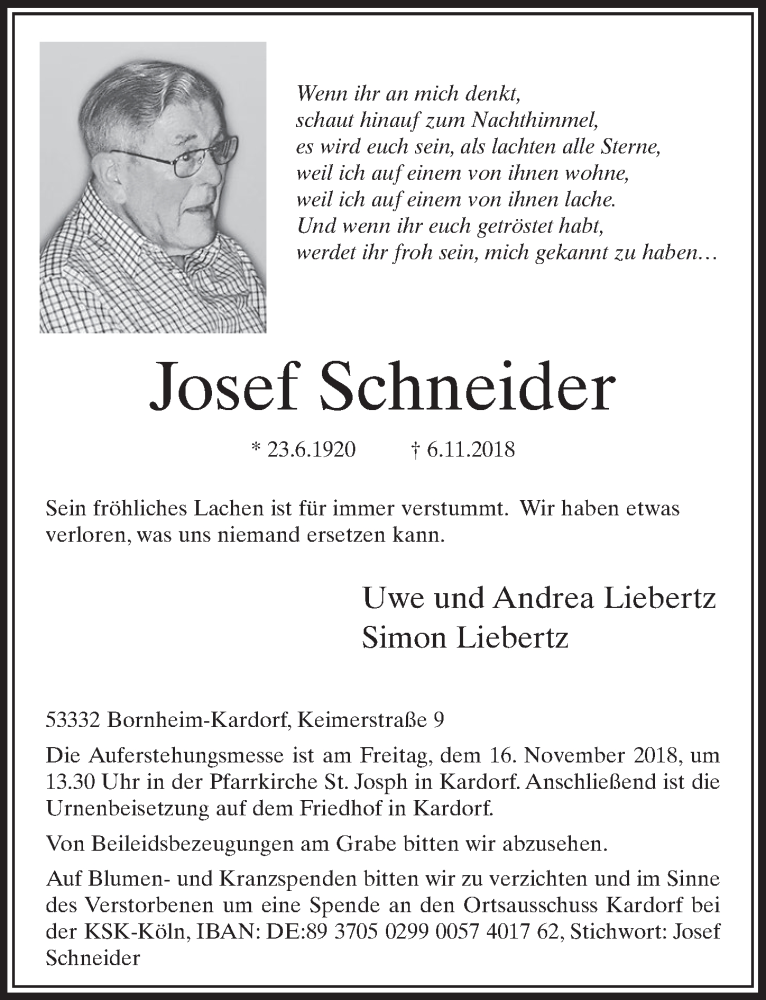  Traueranzeige für Josef Schneider vom 14.11.2018 aus  Schlossbote/Werbekurier 