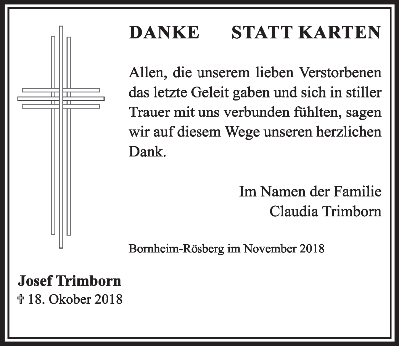  Traueranzeige für Josef Trimborn vom 14.11.2018 aus  Schlossbote/Werbekurier 