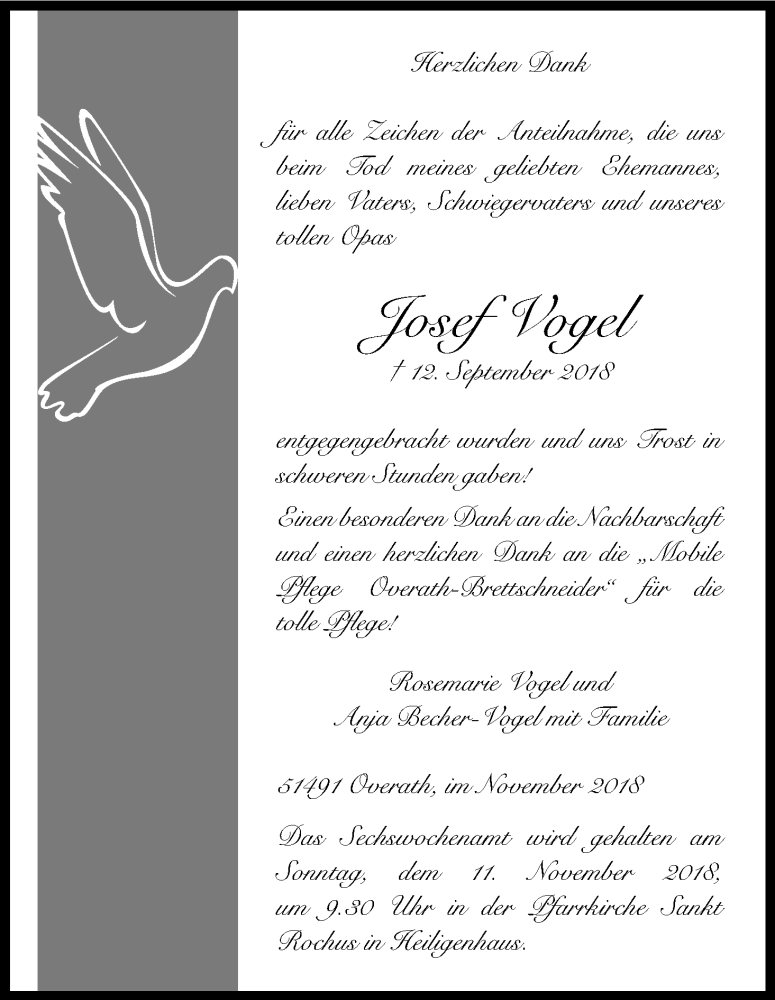  Traueranzeige für Josef Vogel vom 07.11.2018 aus Kölner Stadt-Anzeiger / Kölnische Rundschau / Express