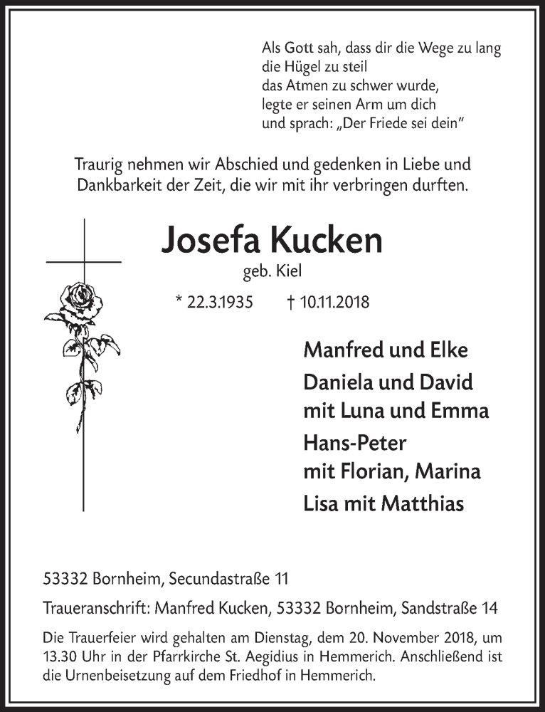  Traueranzeige für Josefa Kucken vom 14.11.2018 aus  Schlossbote/Werbekurier 