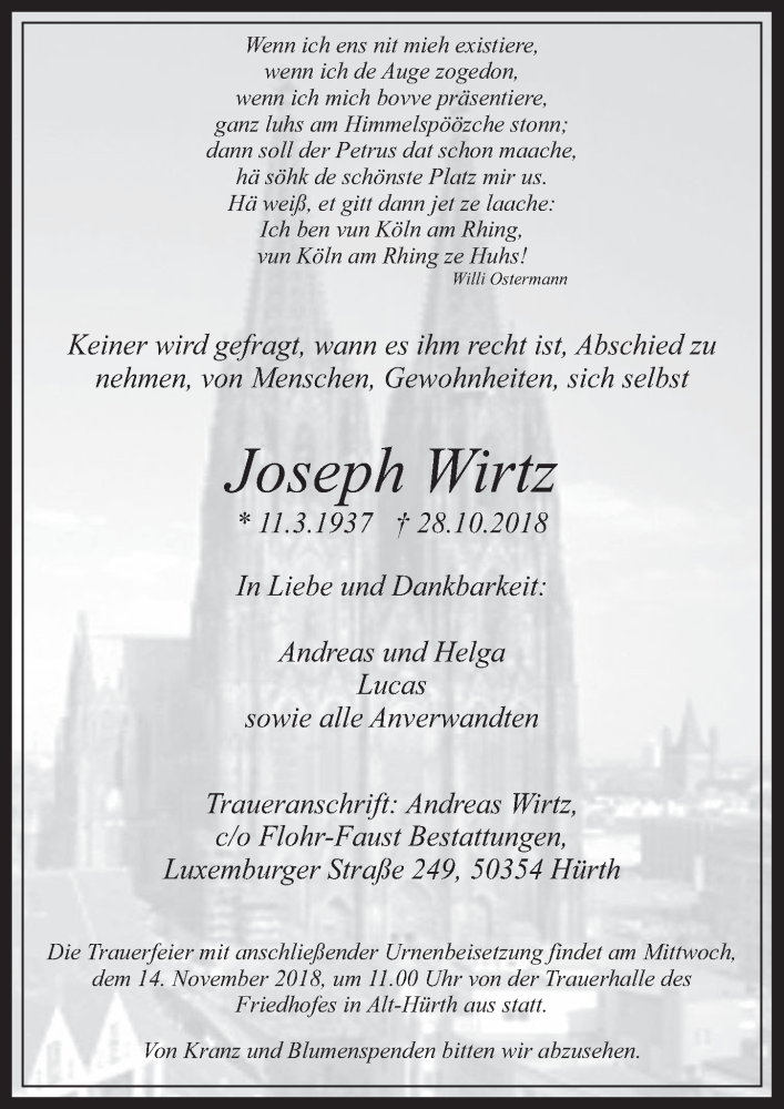  Traueranzeige für Joseph Wirtz vom 07.11.2018 aus  Wochenende 