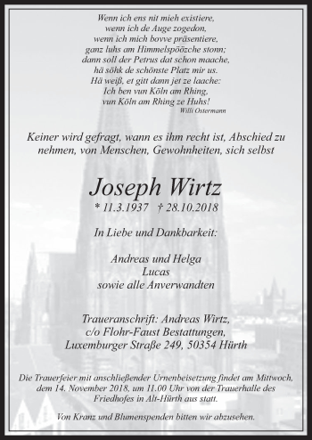 Anzeige von Joseph Wirtz von  Wochenende 