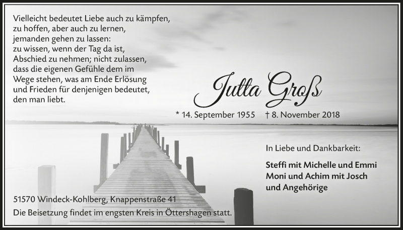  Traueranzeige für Jutta Groß vom 21.11.2018 aus  Lokalanzeiger 