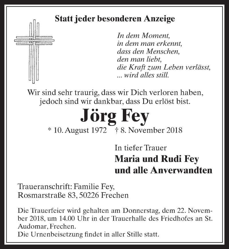  Traueranzeige für Jörg Fey vom 14.11.2018 aus  Wochenende 