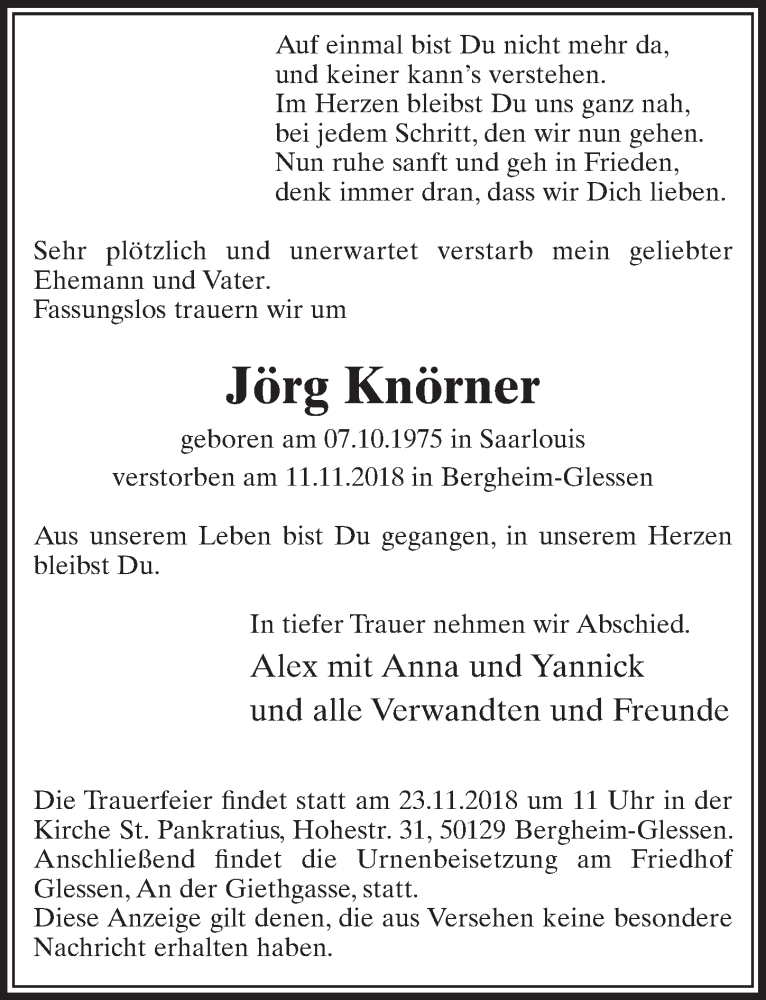 Traueranzeige für Jörg Knörner vom 17.11.2018 aus  Sonntags-Post 