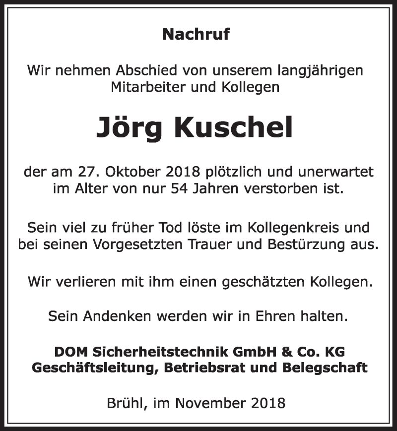  Traueranzeige für Jörg Kuschel vom 07.11.2018 aus  Schlossbote/Werbekurier 