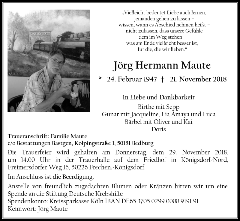  Traueranzeige für Jörg Hermann Maute vom 28.11.2018 aus Kölner Stadt-Anzeiger / Kölnische Rundschau / Express