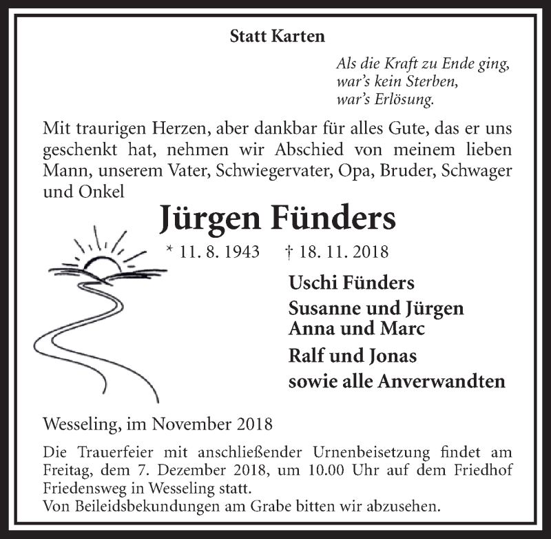 Traueranzeige für Jürgen Fünders vom 28.11.2018 aus  Schlossbote/Werbekurier 