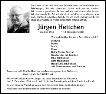 Anzeige von Jürgen Hettchen von Kölner Stadt-Anzeiger / Kölnische Rundschau / Express