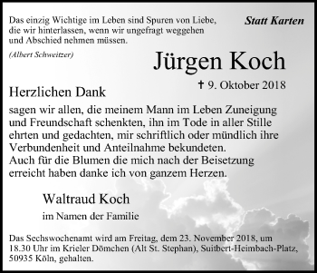 Anzeige von Jürgen Koch von Kölner Stadt-Anzeiger / Kölnische Rundschau / Express