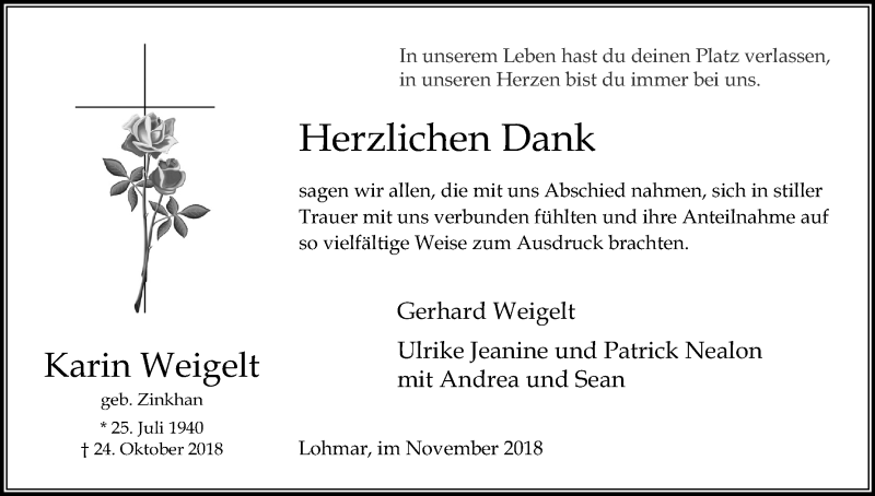  Traueranzeige für Karin Weigelt vom 17.11.2018 aus Kölner Stadt-Anzeiger / Kölnische Rundschau / Express