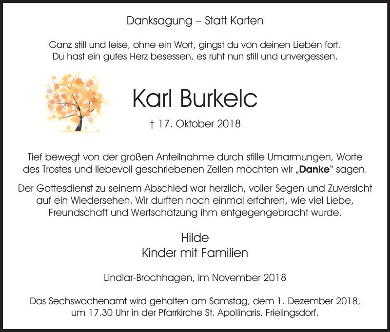  Traueranzeige für Karl Burkelc vom 24.11.2018 aus Kölner Stadt-Anzeiger / Kölnische Rundschau / Express