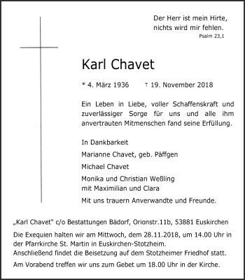 Anzeige von Karl Chavet von  Blickpunkt Euskirchen 