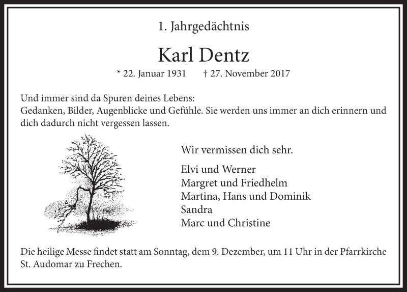  Traueranzeige für Karl Dentz vom 01.12.2018 aus  Sonntags-Post 