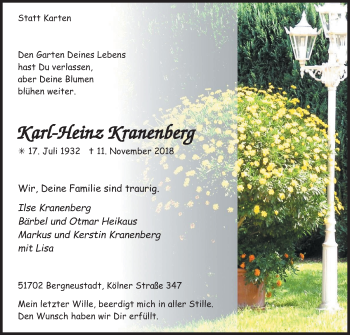 Anzeige von Karl-Heinz Kranenberg von Kölner Stadt-Anzeiger / Kölnische Rundschau / Express
