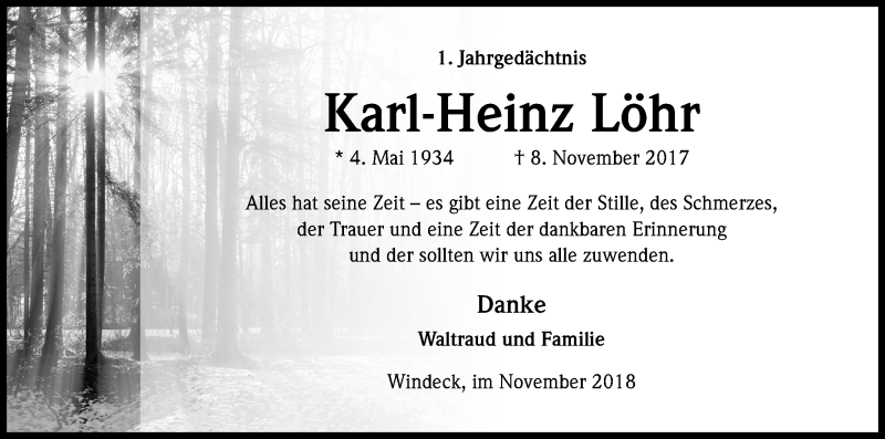  Traueranzeige für Karl-Heinz Löhr vom 08.11.2018 aus Kölner Stadt-Anzeiger / Kölnische Rundschau / Express