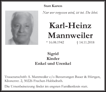 Anzeige von Karl-Heinz Mannweiler von  Wochenende 
