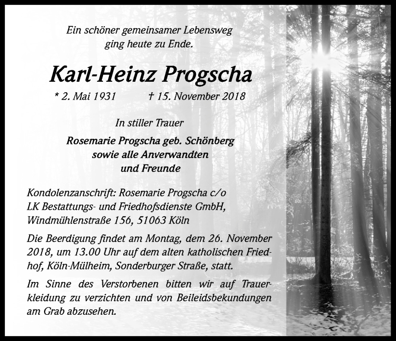  Traueranzeige für Karl-Heinz Progscha vom 21.11.2018 aus Kölner Stadt-Anzeiger / Kölnische Rundschau / Express