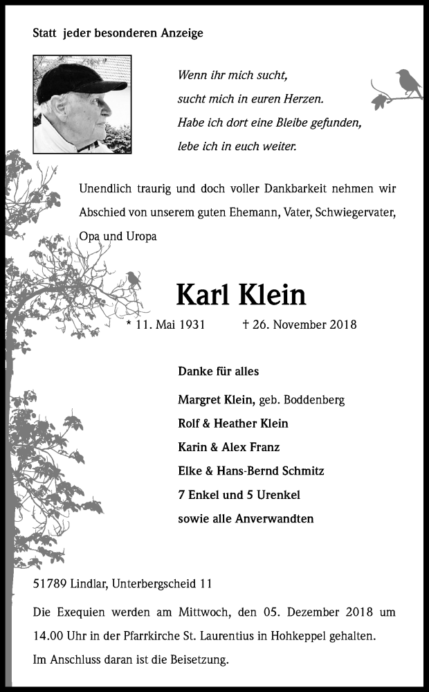  Traueranzeige für Karl Klein vom 01.12.2018 aus Kölner Stadt-Anzeiger / Kölnische Rundschau / Express